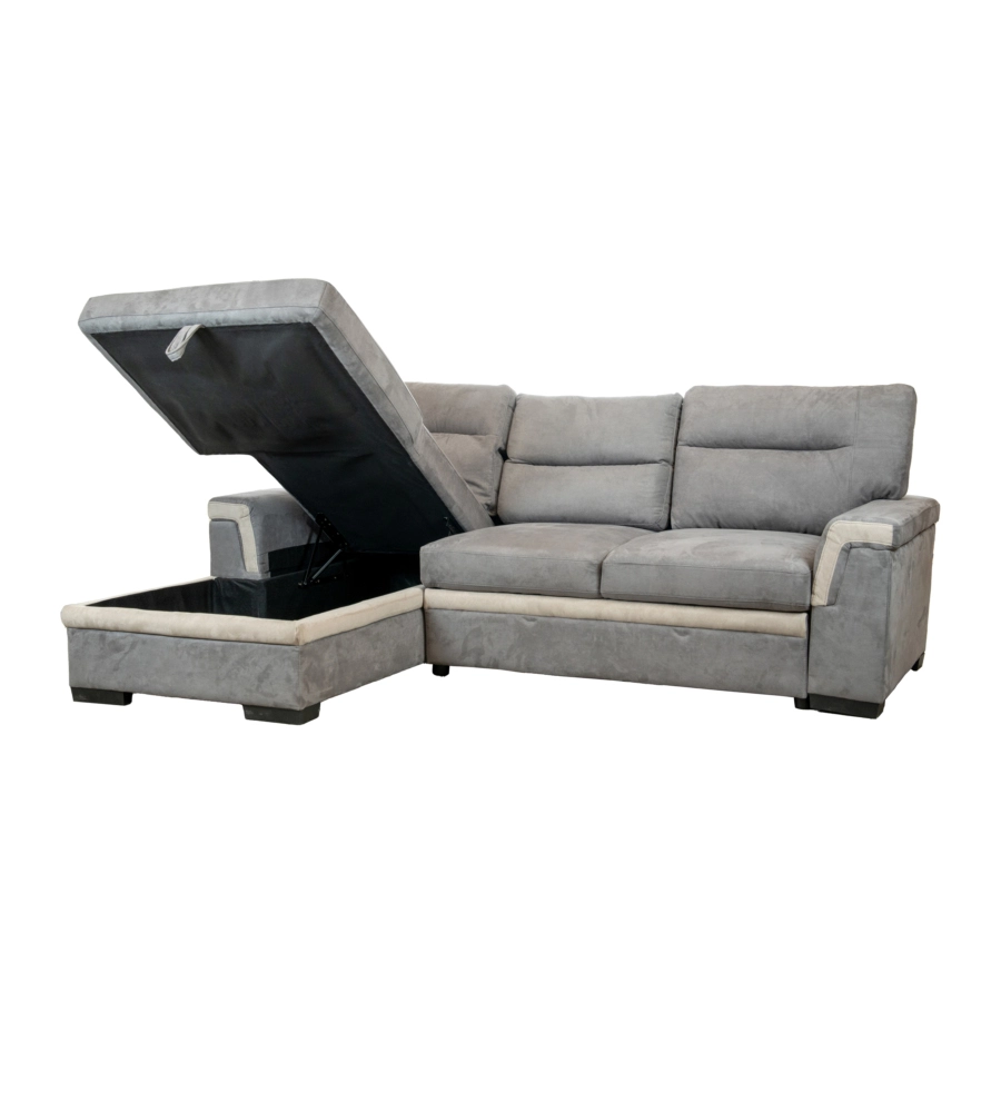 DIVANO LETTO ANGOLARE "ERIKA" IN TESSUTO GRIGIO CON PENISOLA A SINISTRA, 254X92/165X102 CM